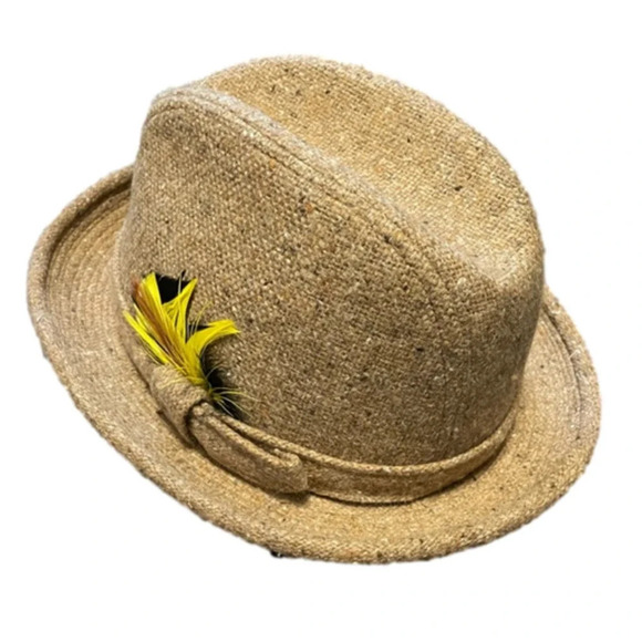 Fedora Hat Vintage 1970s Wool Blend Tweed with Feather by Lanning Men’s Large. - Picture 1 of 12